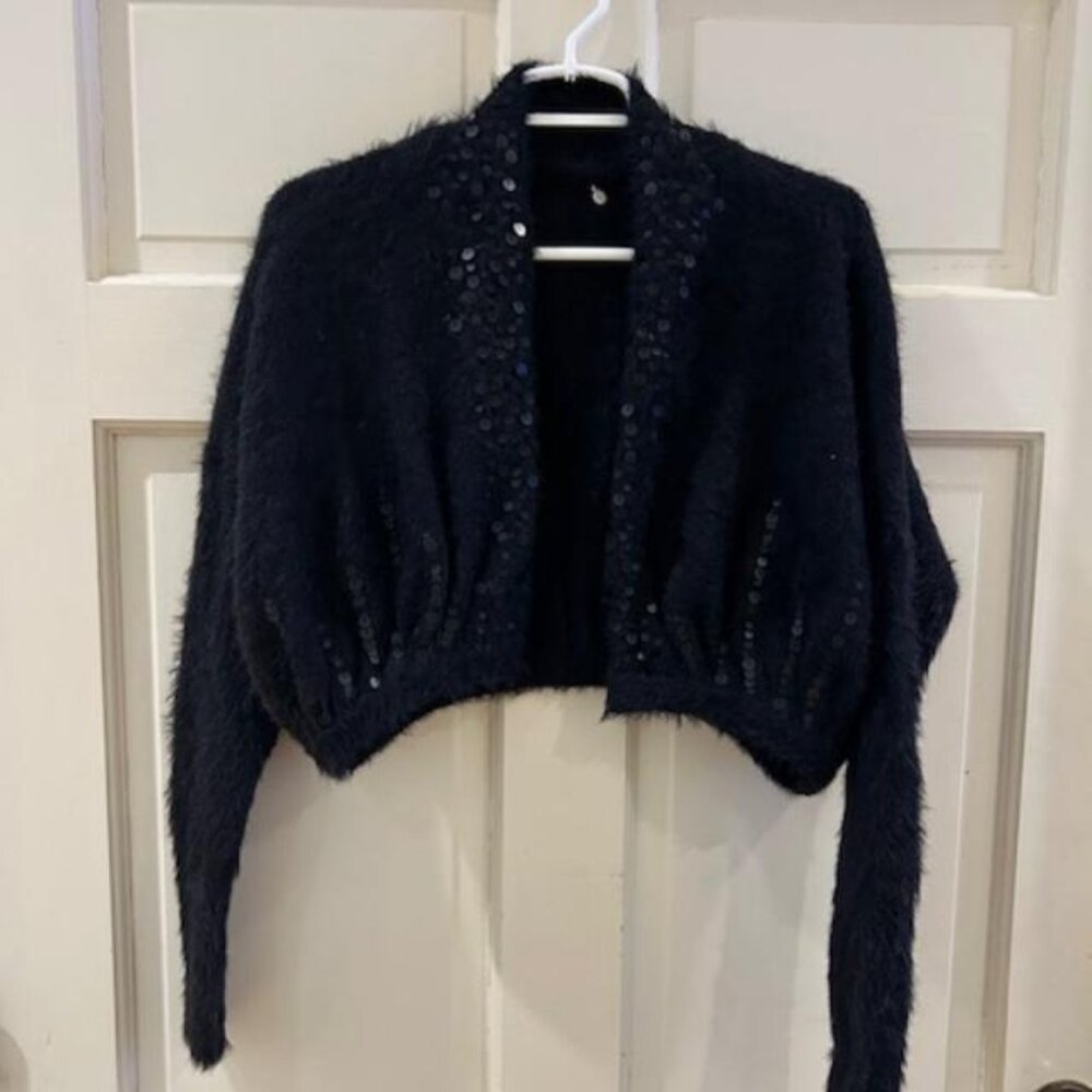 Anthropologie Sweater Cardigan Black Sequins  Knitted and Knotted small